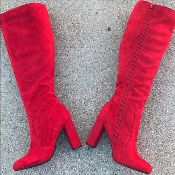 Soda Shoes - 1 Left Soda Red Faux Suede Knee High Heeled Boot